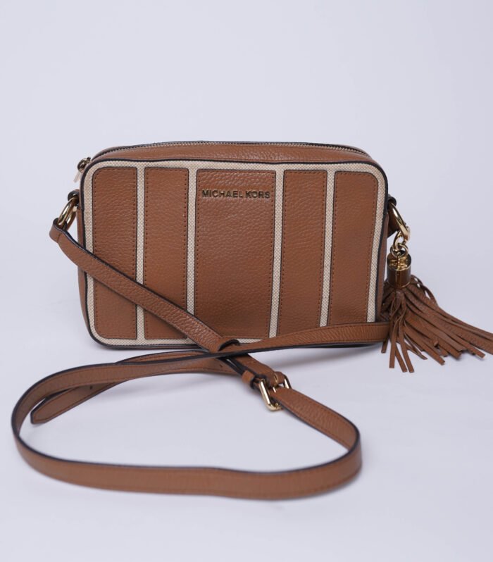 Michael Kors Brooklyn Appliqué Stripe Large Leather Tan Crossbody Bag