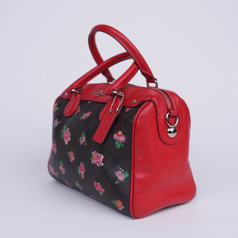 Coach Floral Print Coated Canvas Mini Bennet Brown/Red/Multi Satchel Bag - Image 3