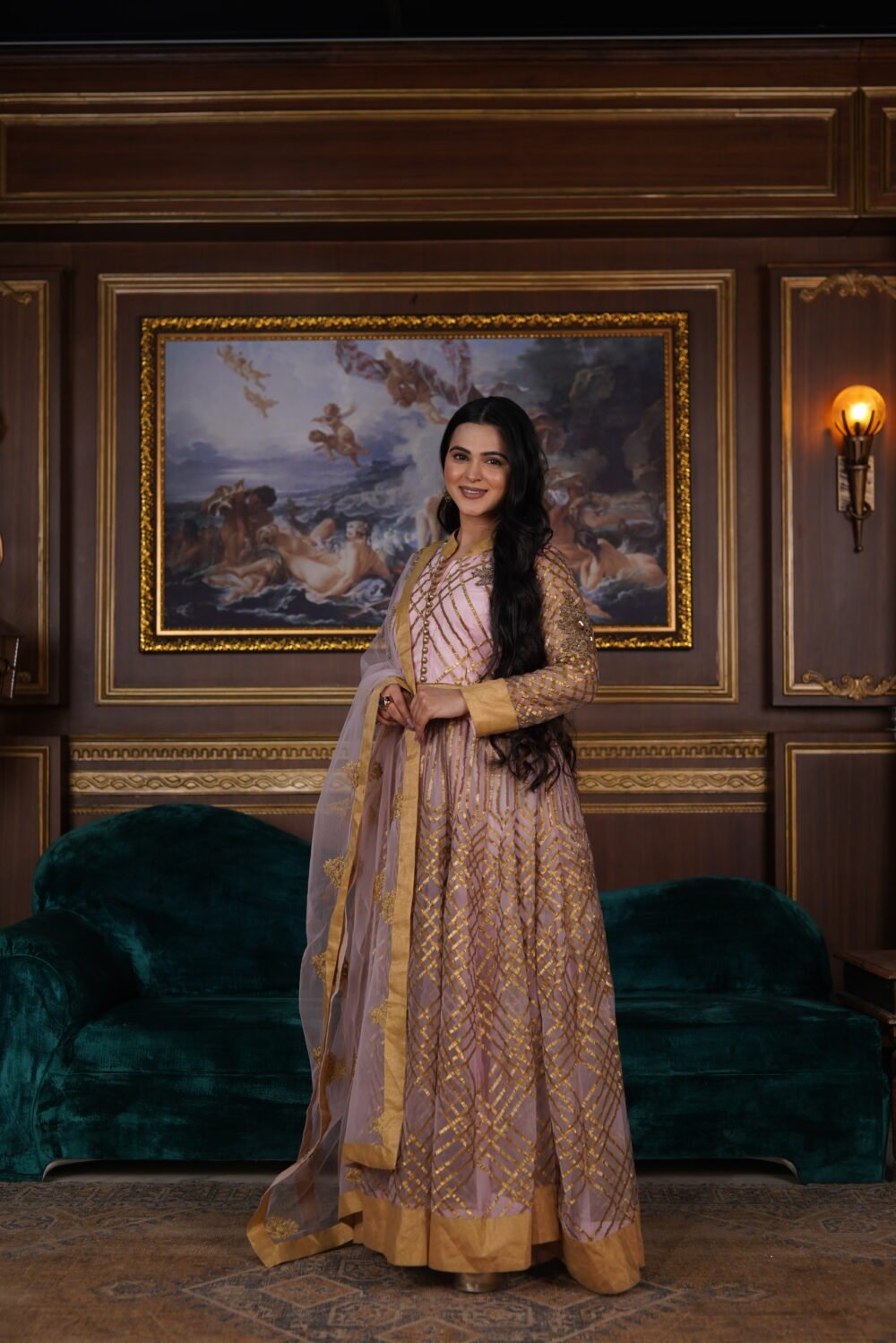 Pink Net Floor Length Pajami Suit With Golden Gotta Patti Work