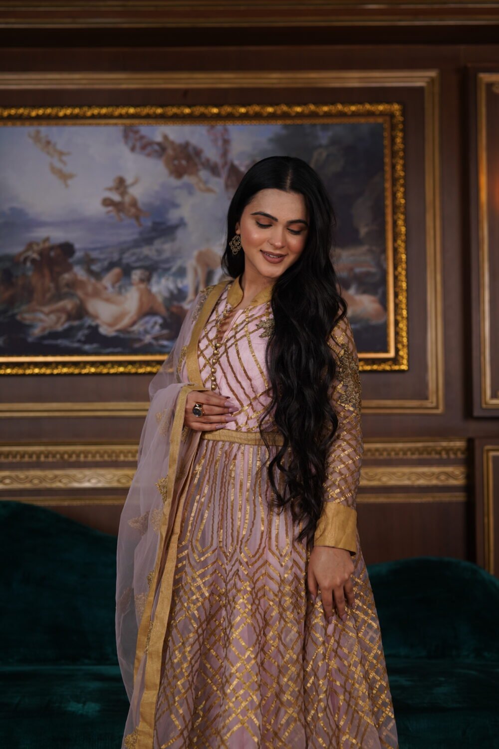 Pink Net Floor Length Pajami Suit With Golden Gotta Patti Work - Image 2