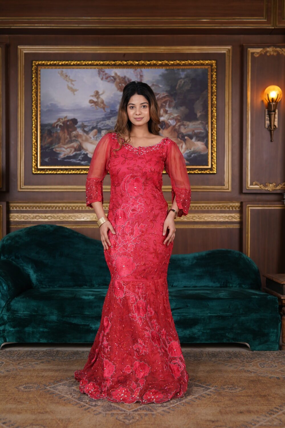 Tomato Red Shade Fish Cut Gown With Full Handwork Front And Back