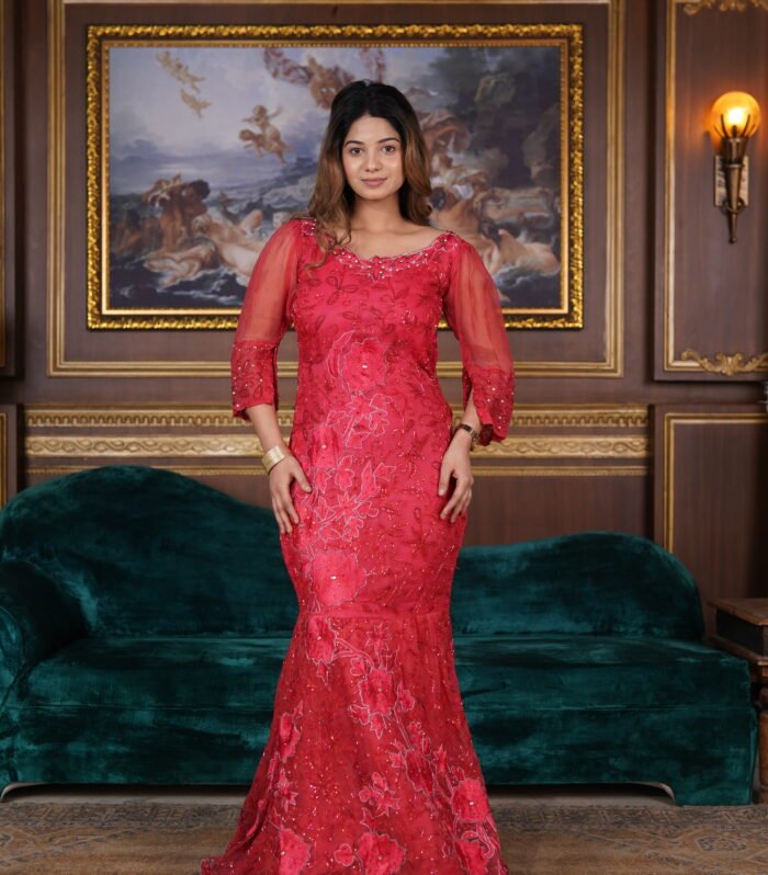 Tomato Red Shade Fish Cut Gown With Full Handwork Front And Back