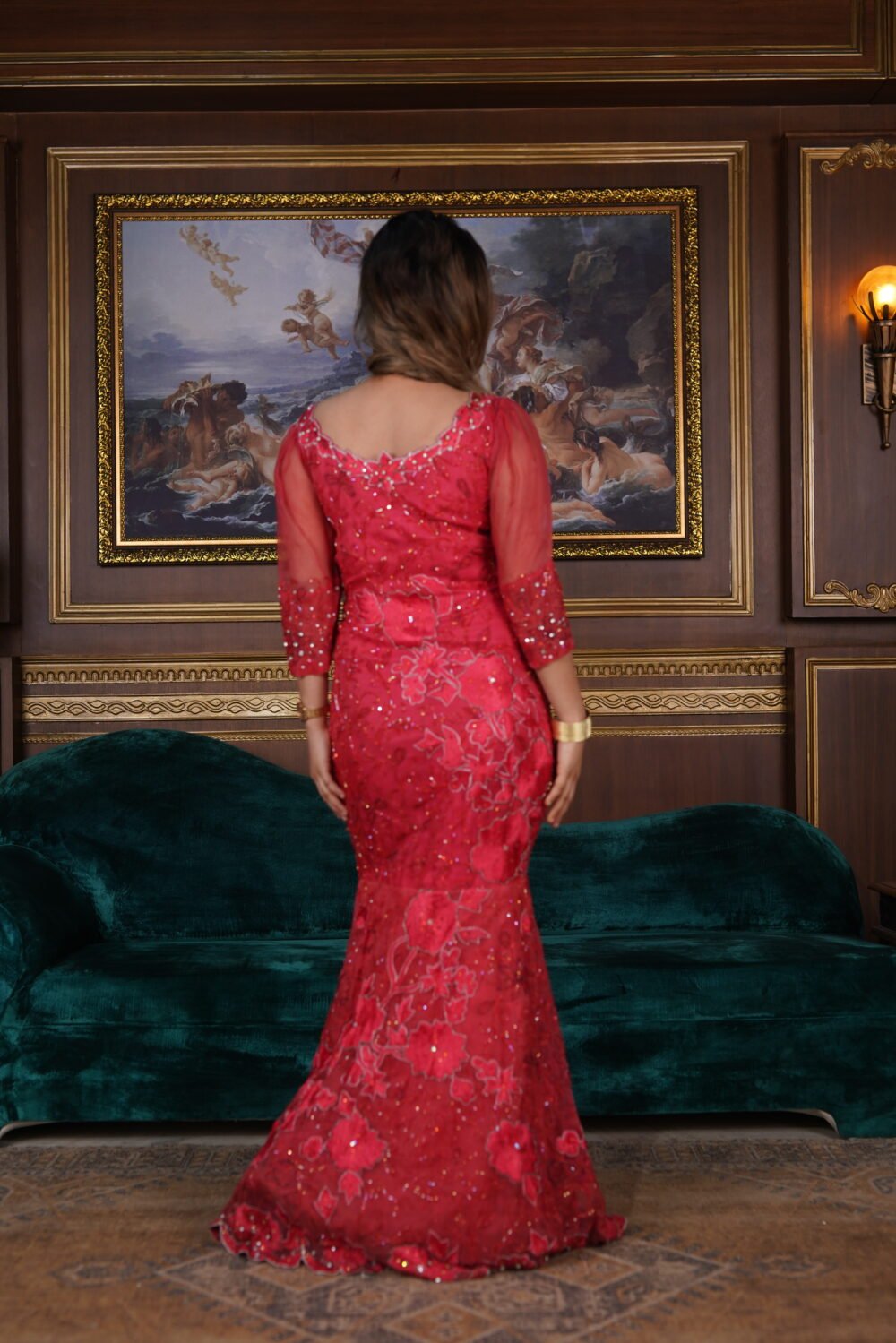 Tomato Red Shade Fish Cut Gown With Full Handwork Front And Back - Image 2