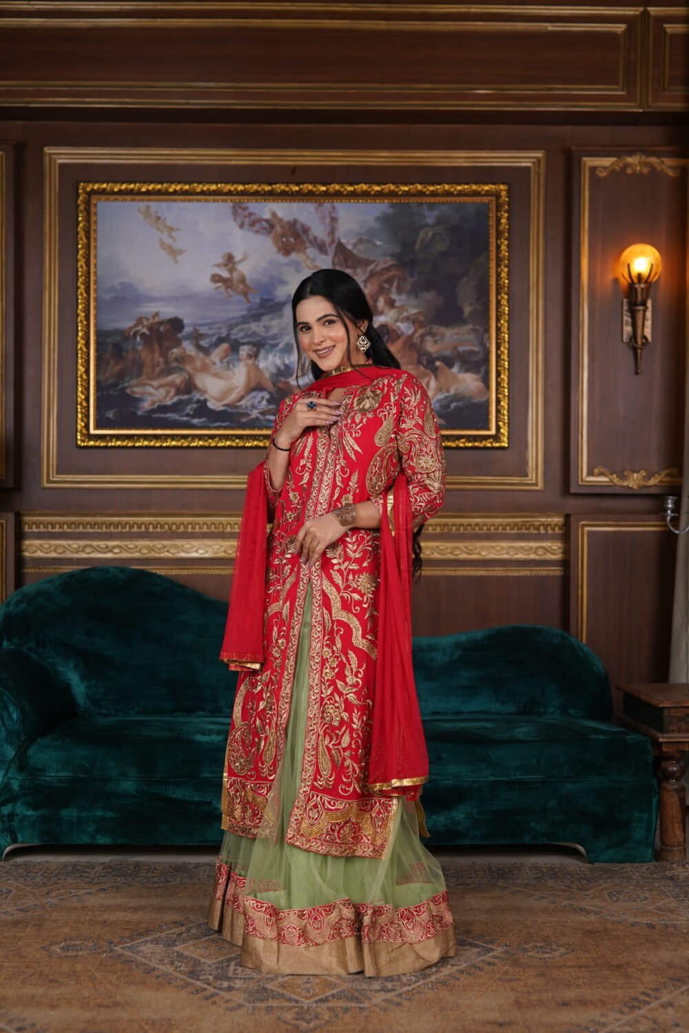 Red Long Kurtawith Front Slit And Golden Handwork And Pista Green Net Skirt With Chiffon Dupatta - Image 2