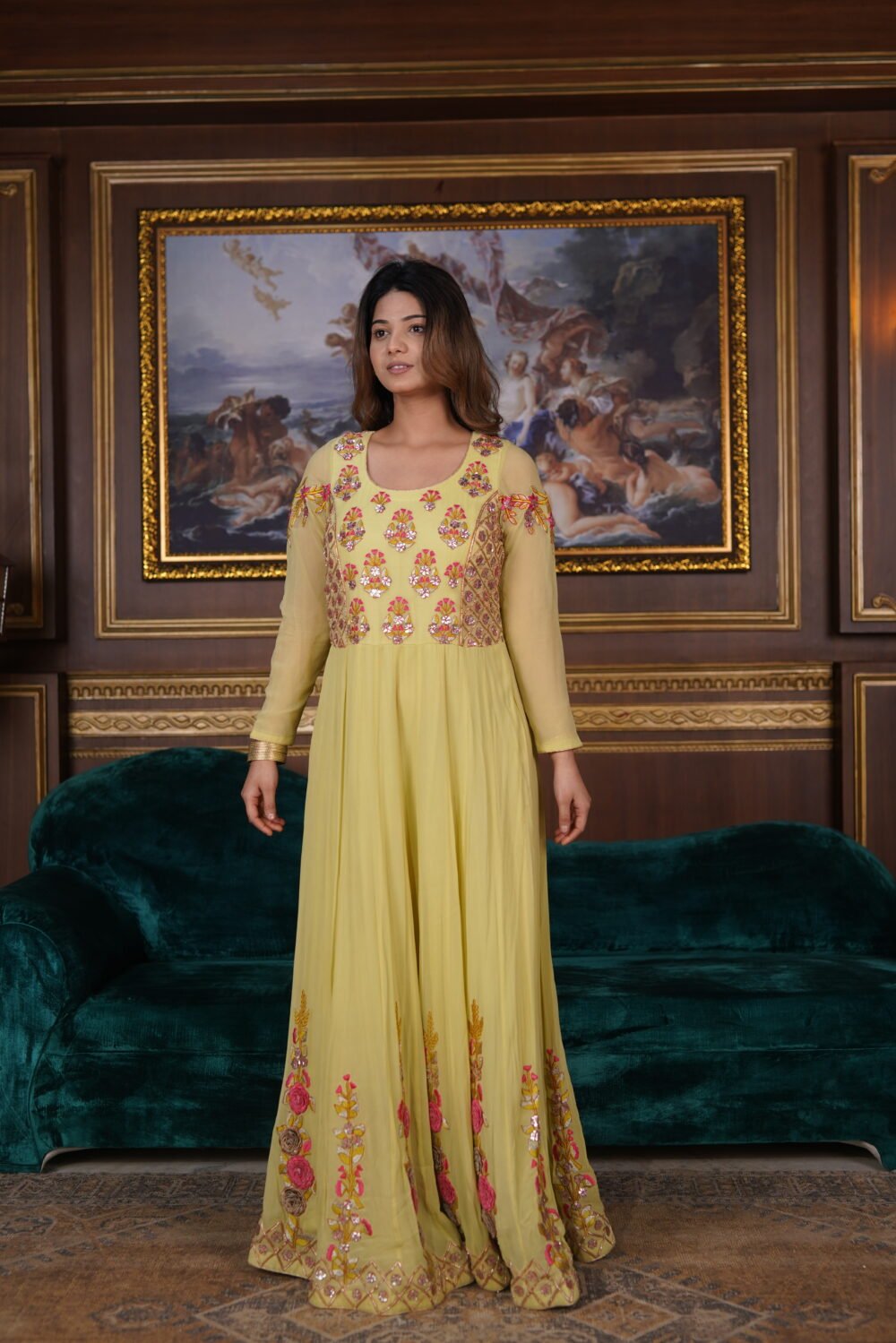 Mustard And Pink Georgette Gotta Patti Floor Length Suit With Net Dupatta - Image 3