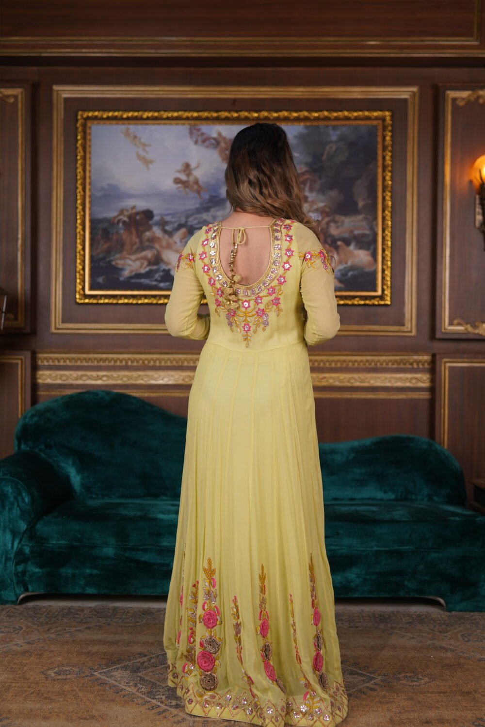 Mustard And Pink Georgette Gotta Patti Floor Length Suit With Net Dupatta - Image 2