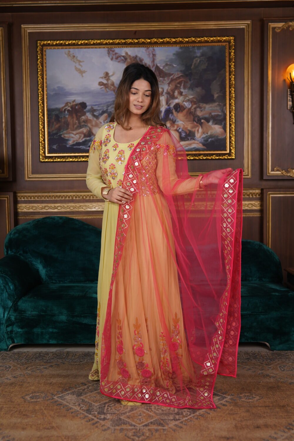 Mustard And Pink Georgette Gotta Patti Floor Length Suit With Net Dupatta