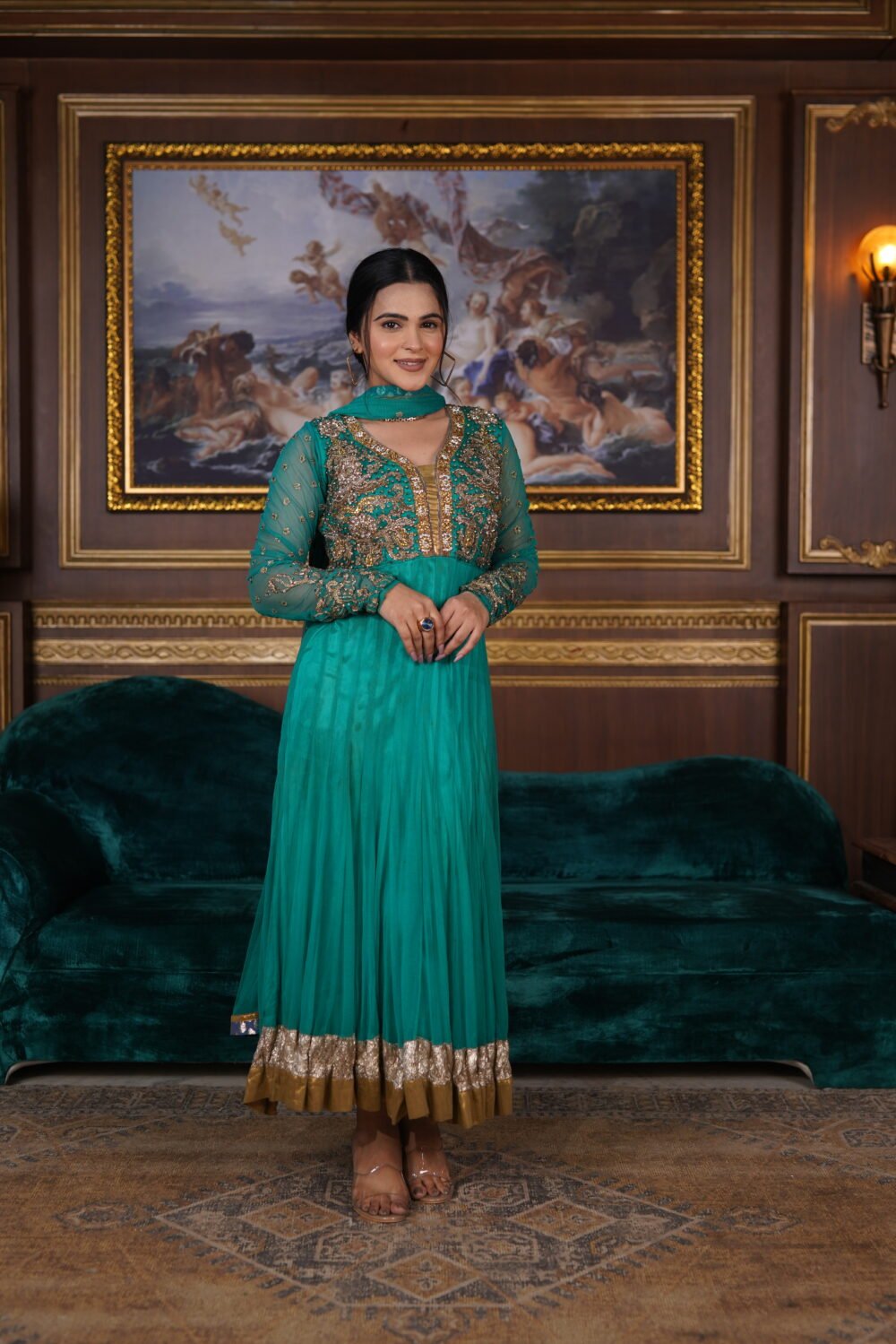 Stylekins Sea Green Colour Net Anarkali Pajami Suit With Golden Handwork