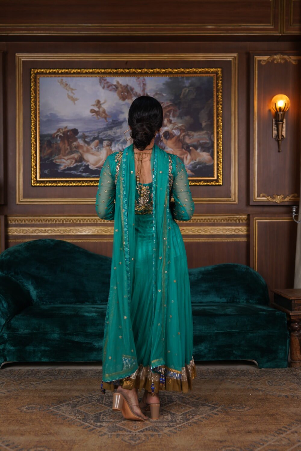 Stylekins Sea Green Colour Net Anarkali Pajami Suit With Golden Handwork - Image 2