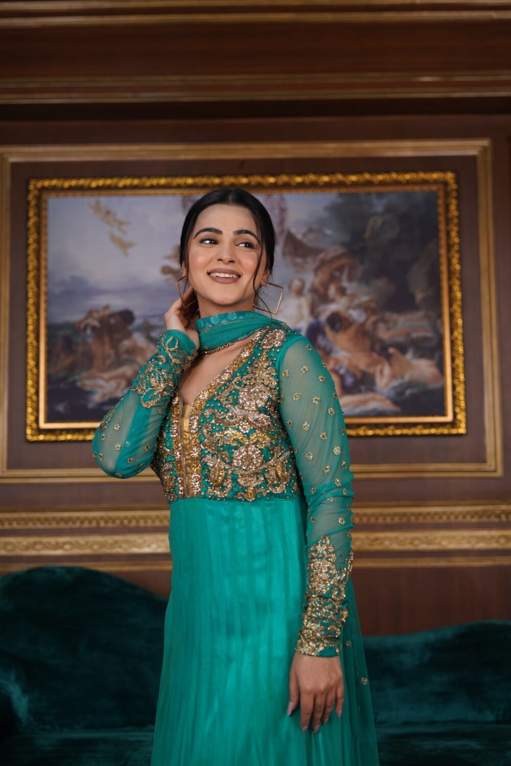 Stylekins Sea Green Colour Net Anarkali Pajami Suit With Golden Handwork - Image 3