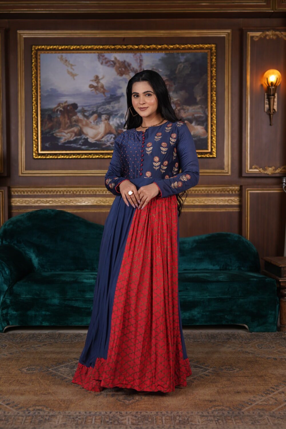 Royal Blue And Red Cotton Silk Floor Length Dress With Golden Handwork