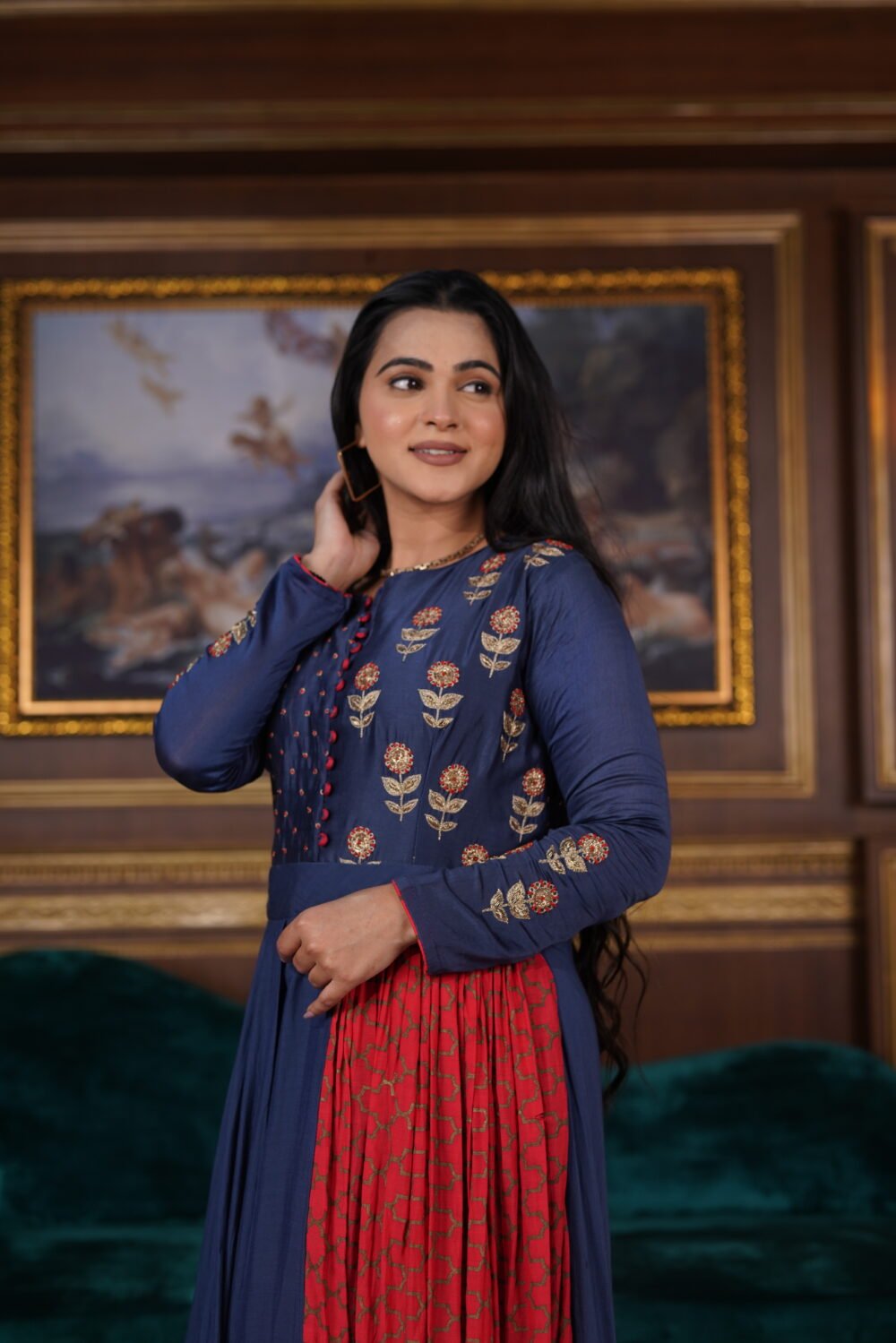 Royal Blue And Red Cotton Silk Floor Length Dress With Golden Handwork - Image 3