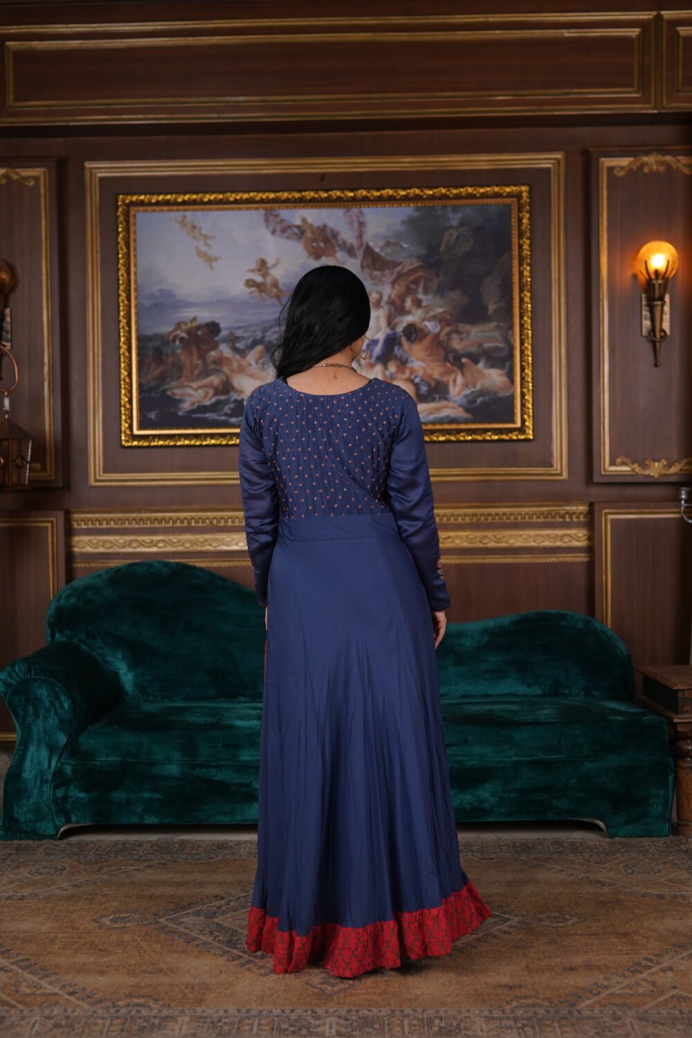 Royal Blue And Red Cotton Silk Floor Length Dress With Golden Handwork - Image 2
