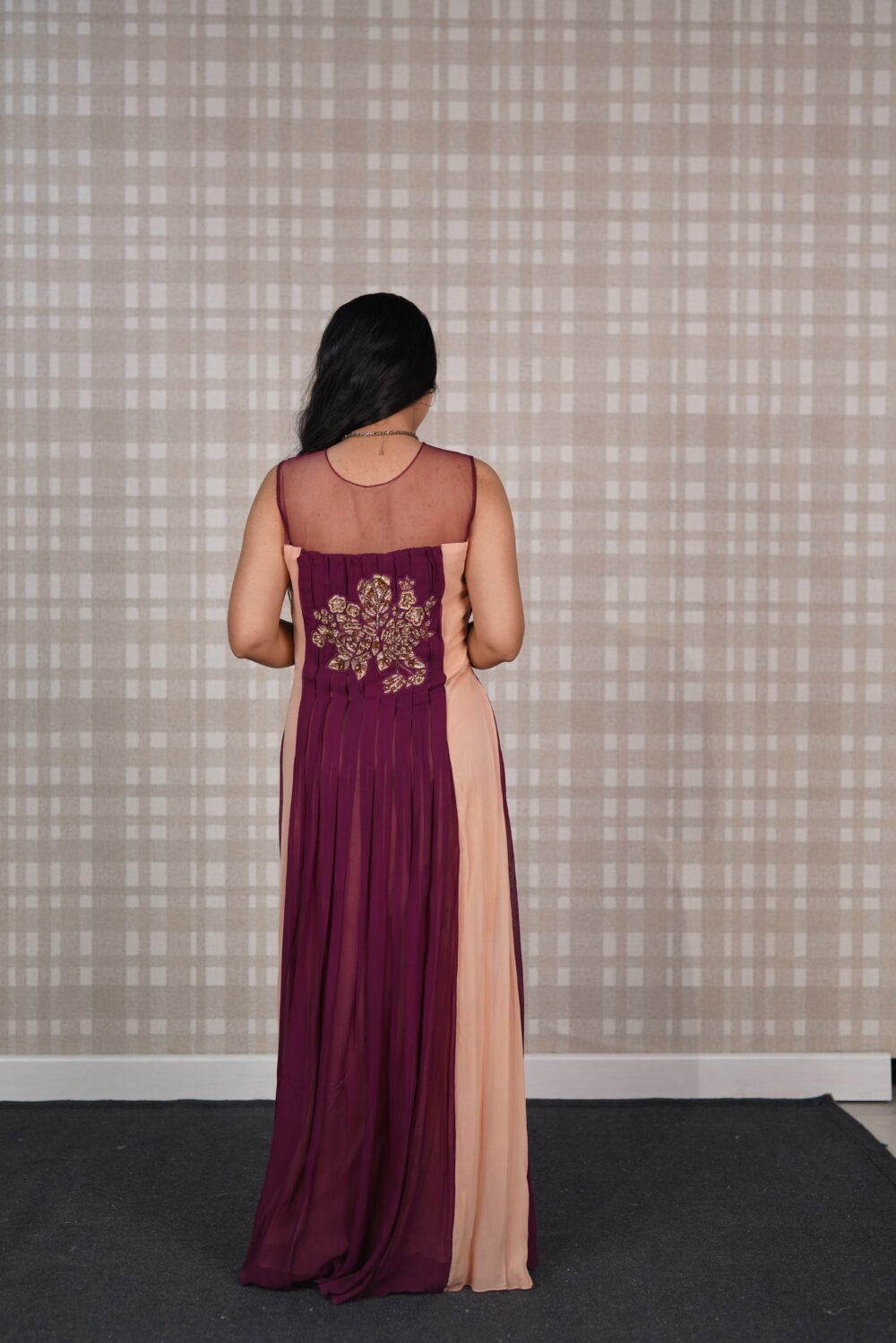 Wine And Peach Georgette Gown With Handwork - Image 2
