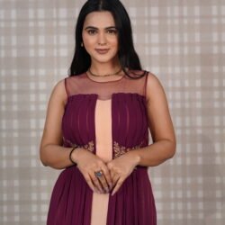 Wine And Peach Georgette Gown With Handwork - Image 3