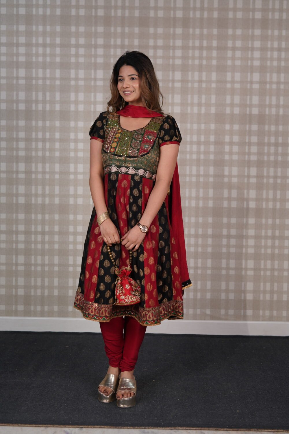 Red And Black Pure Crepe And Pure Banarasi Georgette Short Anarkali Pajami Suit With Puff Sleeves With Pure Duppatta