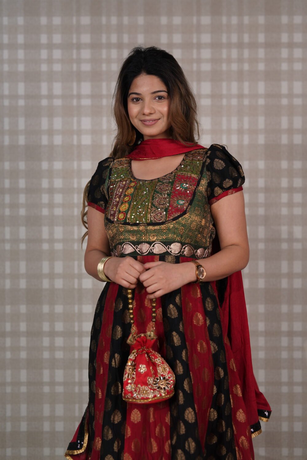 Red And Black Pure Crepe And Pure Banarasi Georgette Short Anarkali Pajami Suit With Puff Sleeves With Pure Duppatta - Image 3