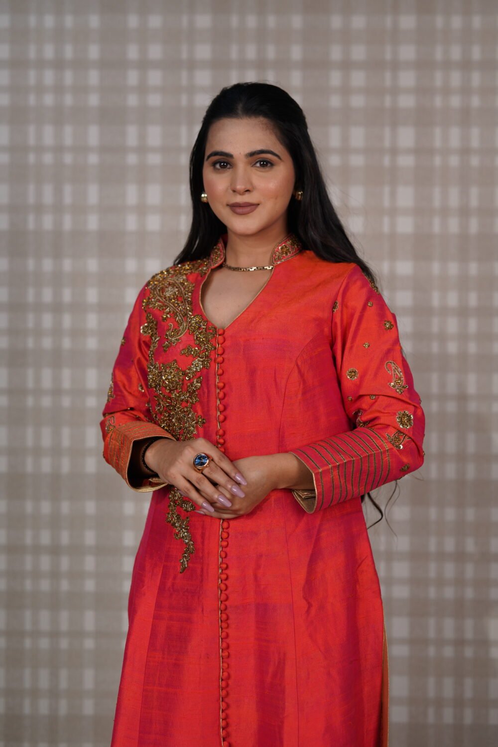 Harpreet Narula’s Peachish Pink Pure Silk Floor Length Front Slit Dress With Golden Handwork And Golden Trouser - Image 3