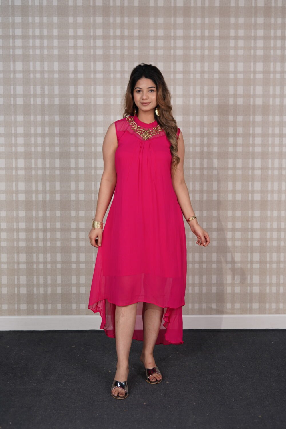 Magenta Crepe Front Short And Back Long Dress With Golden Work On Neck
