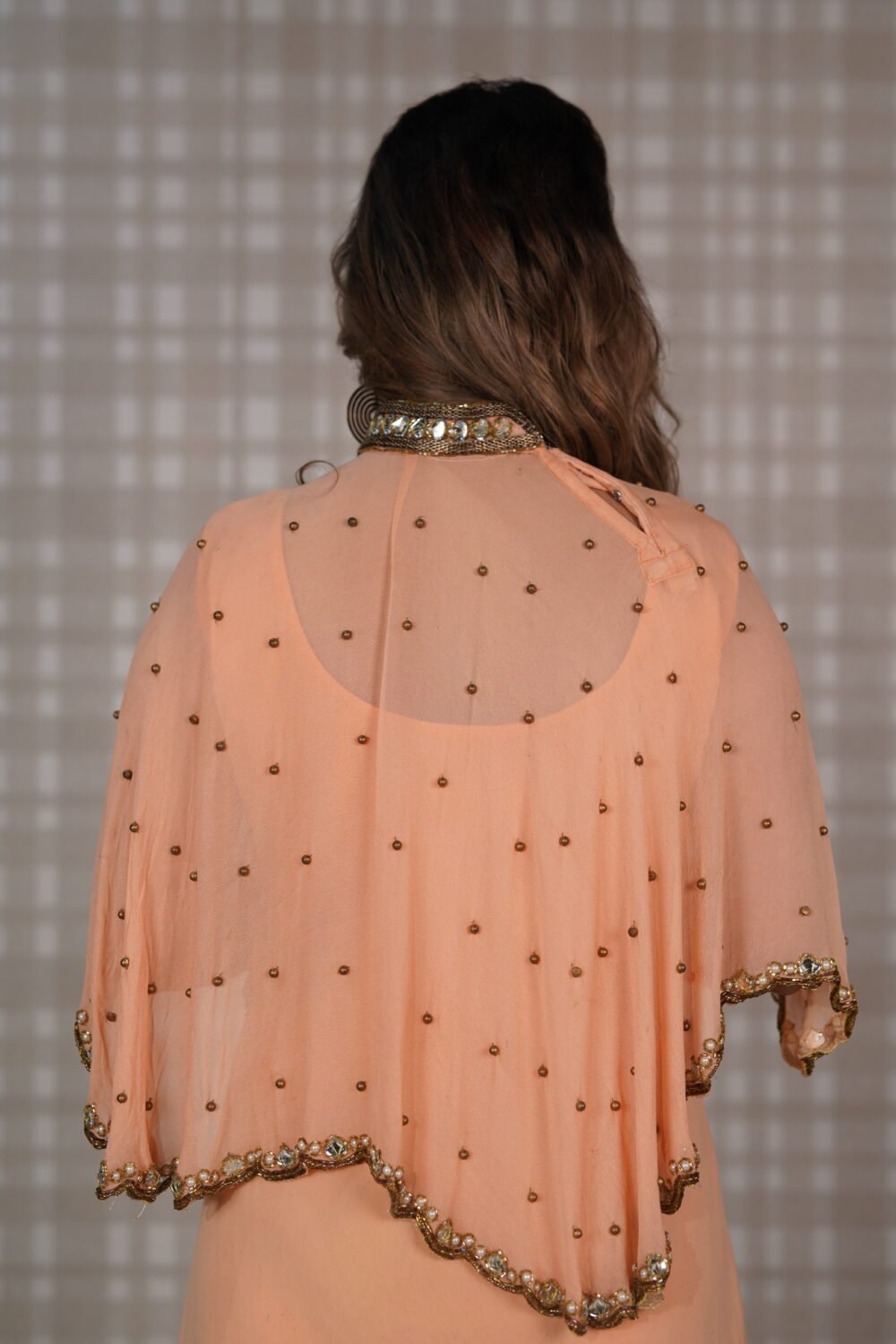 Peach Georgette Gown With Cape - Image 3