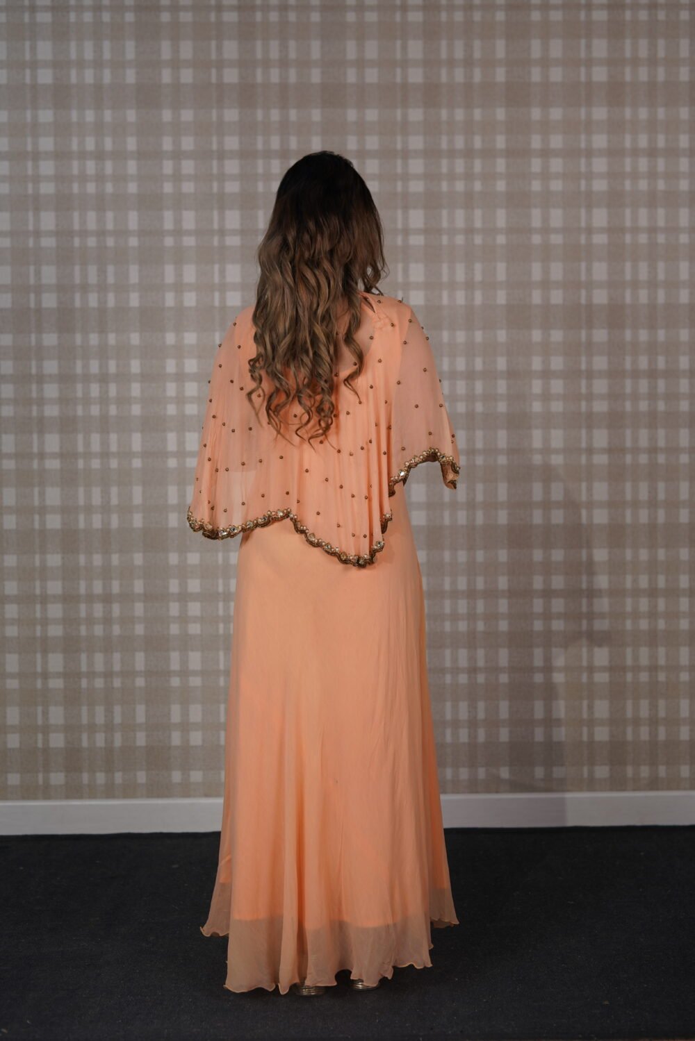 Peach Georgette Gown With Cape - Image 2