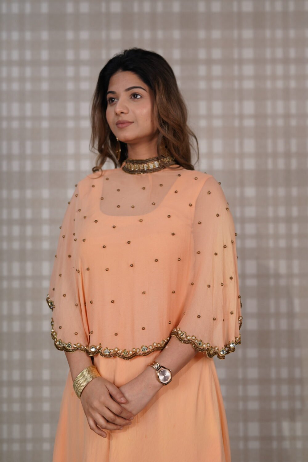 Peach Georgette Gown With Cape