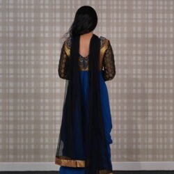 Royal Blue And Black Long Dress With Pajami In Georgette Bottom, Inner Net Anarkali Flair, Silk Top With Golden Handwork On Neck And Banarasi Georgette Sleeves With Net Duppatta - Image 2