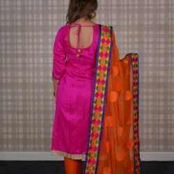 Magenta Cotton Silk With Phulkari Self Work Top And Phulkari Chiffon Duppatta With Orange Cotton Trouser - Image 2