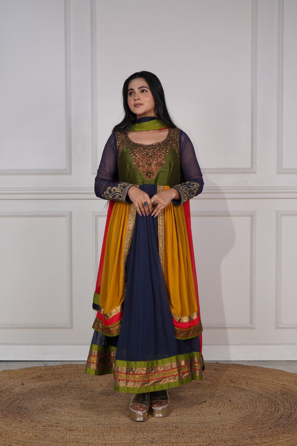 Navy Blue With Mustard Georgette Anarkali Long Pajami Suit With Golden Handwork