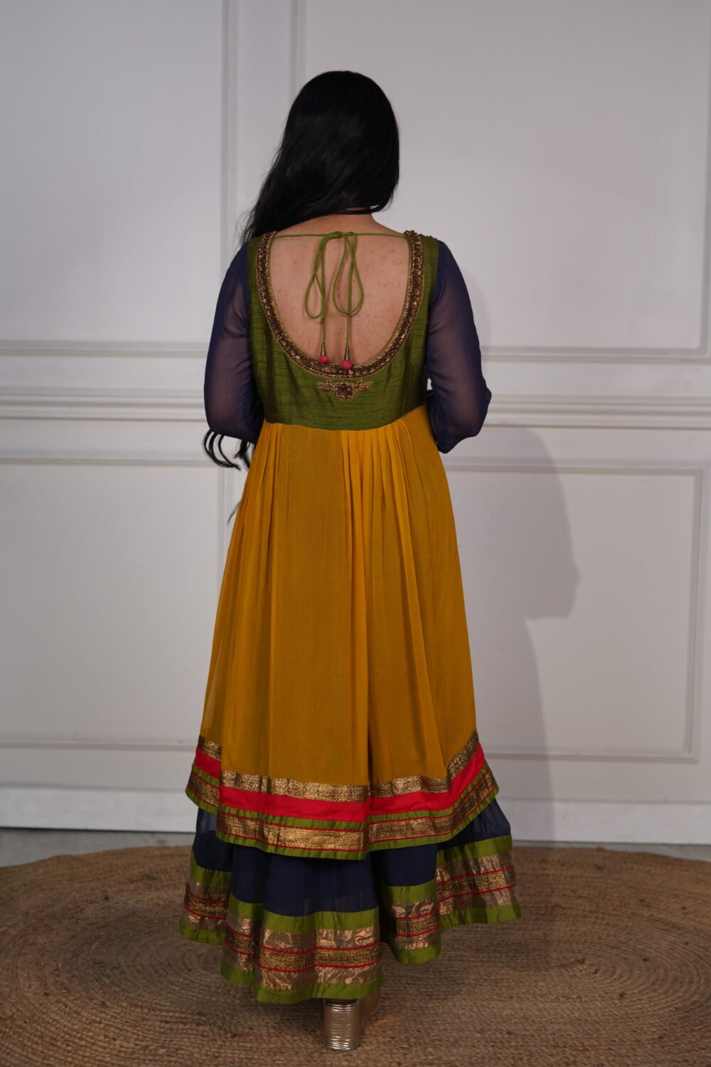 Navy Blue With Mustard Georgette Anarkali Long Pajami Suit With Golden Handwork - Image 2