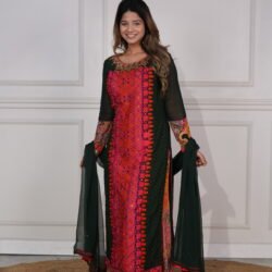 Dark Green Colour Phulkari Work Long Kurta With Multicolor Satin Sharara And Chiffon Dupatta