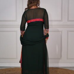 Dark Green Colour Phulkari Work Long Kurta With Multicolor Satin Sharara And Chiffon Dupatta - Image 2