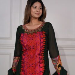 Dark Green Colour Phulkari Work Long Kurta With Multicolor Satin Sharara And Chiffon Dupatta - Image 3
