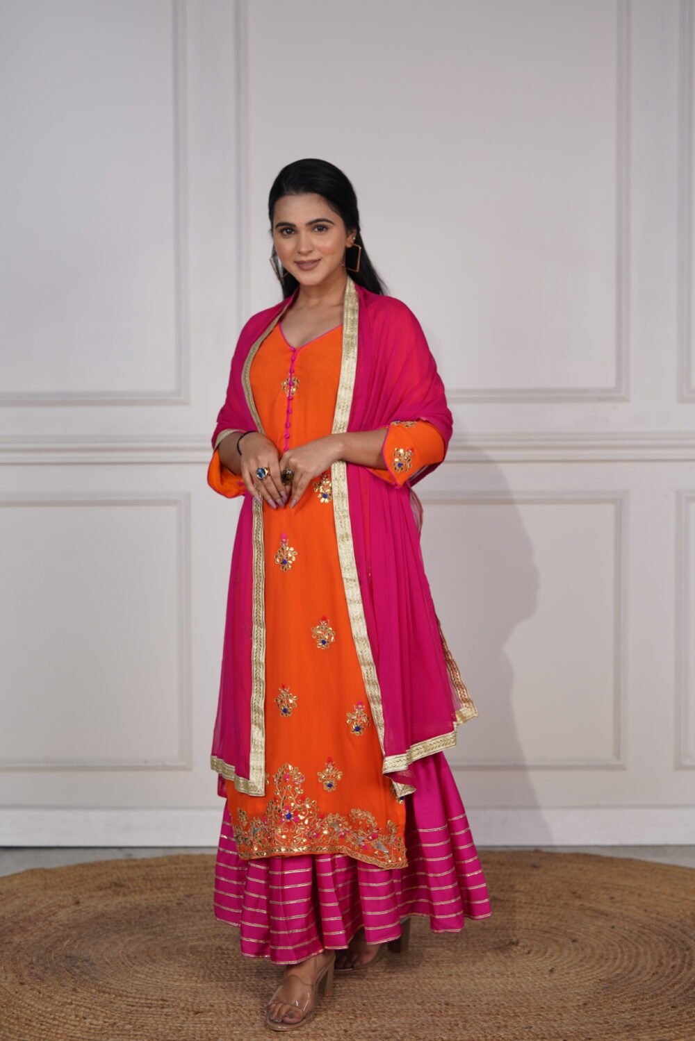 Orange Kurta With Gotta Patti Work And Pink Satin Sharara With Gotta Patti Work With Chiffon Dupatta