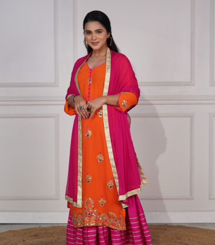 Orange Kurta With Gotta Patti Work And Pink Satin Sharara With Gotta Patti Work With Chiffon Dupatta
