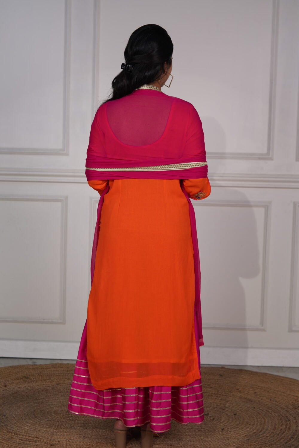 Orange Kurta With Gotta Patti Work And Pink Satin Sharara With Gotta Patti Work With Chiffon Dupatta - Image 2
