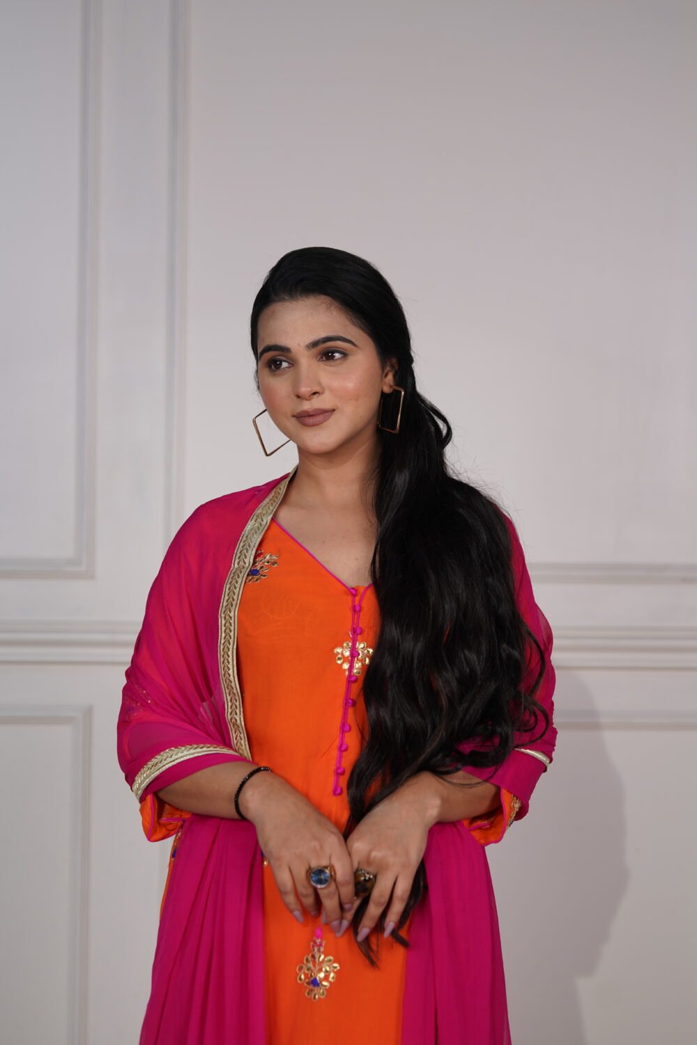Orange Kurta With Gotta Patti Work And Pink Satin Sharara With Gotta Patti Work With Chiffon Dupatta - Image 3