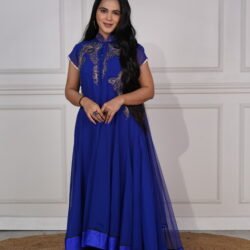 Royal Blue Georgette Long Pajami Dress With Handwork With Attached Net Dupatta