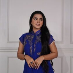 Royal Blue Georgette Long Pajami Dress With Handwork With Attached Net Dupatta - Image 3