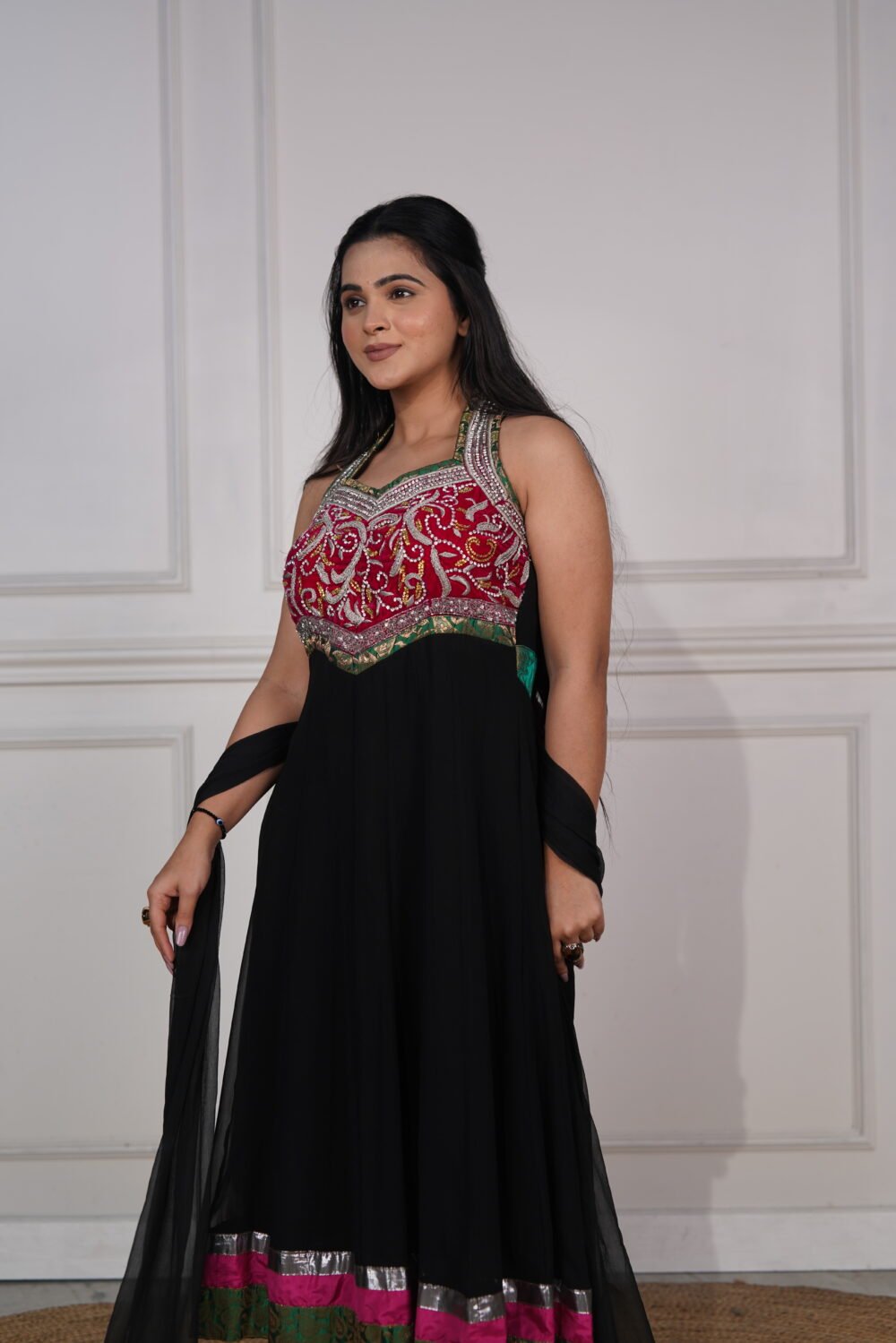 Black And Hot Pink Georgette Long Anarkali Pajami Suit With Handwork And Chiffon Dupatta - Image 3