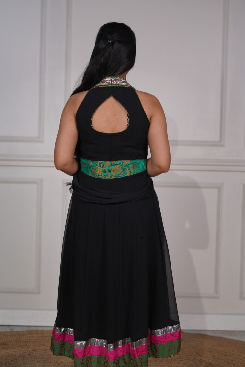 Black And Hot Pink Georgette Long Anarkali Pajami Suit With Handwork And Chiffon Dupatta - Image 2