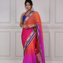 Multicolour Chiffon Saree With Blue Halter Neck Blouse
