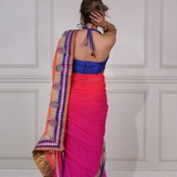 Multicolour Chiffon Saree With Blue Halter Neck Blouse - Image 2