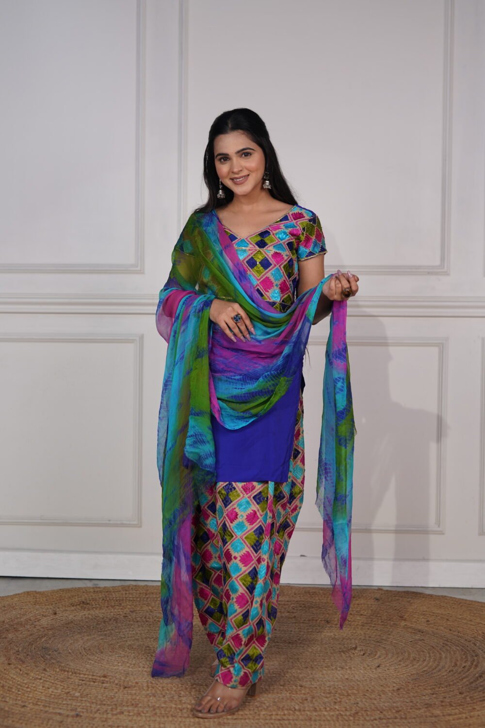Royal Blue Pure Crepe Short Kurta With Phulkari Salwar And Tie Dye Pure Chiffon Dupatta - Image 2