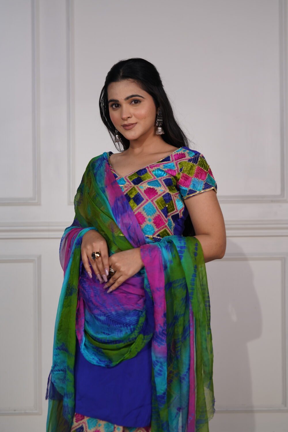 Royal Blue Pure Crepe Short Kurta With Phulkari Salwar And Tie Dye Pure Chiffon Dupatta