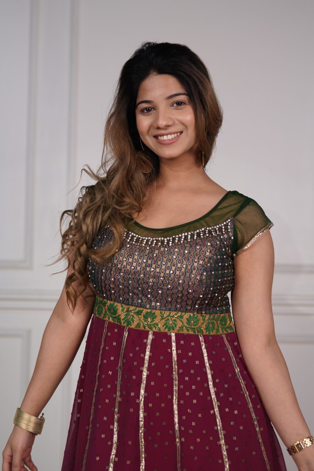Wine Shade Short Anarkali Pajami Suit With Golden Handwork And Net Dupatta