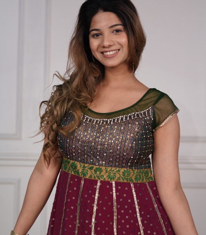 Wine Shade Short Anarkali Pajami Suit With Golden Handwork And Net Dupatta