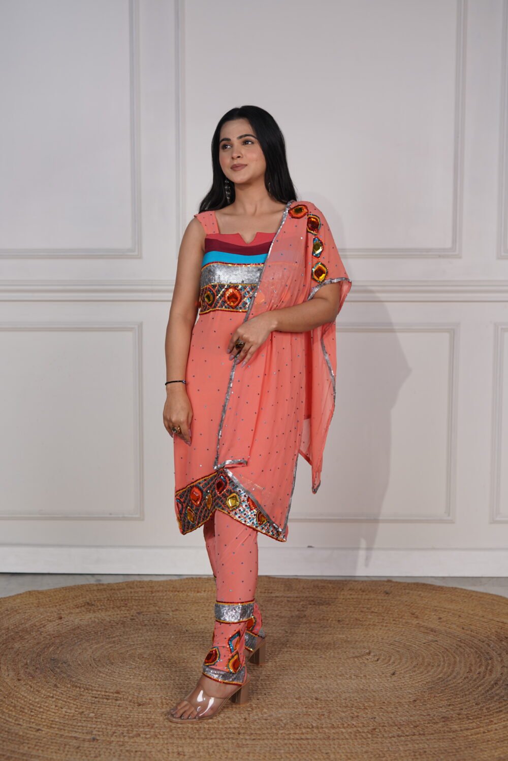 Peach Pure Crepe Short Kurta Pajami Suit With Sequin And Stone Handwork And Georgette Stole With Handwork - Image 3