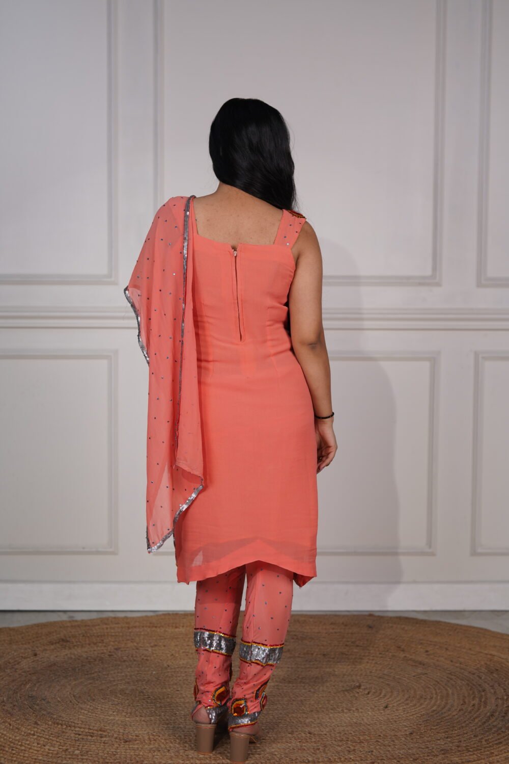 Peach Pure Crepe Short Kurta Pajami Suit With Sequin And Stone Handwork And Georgette Stole With Handwork - Image 2