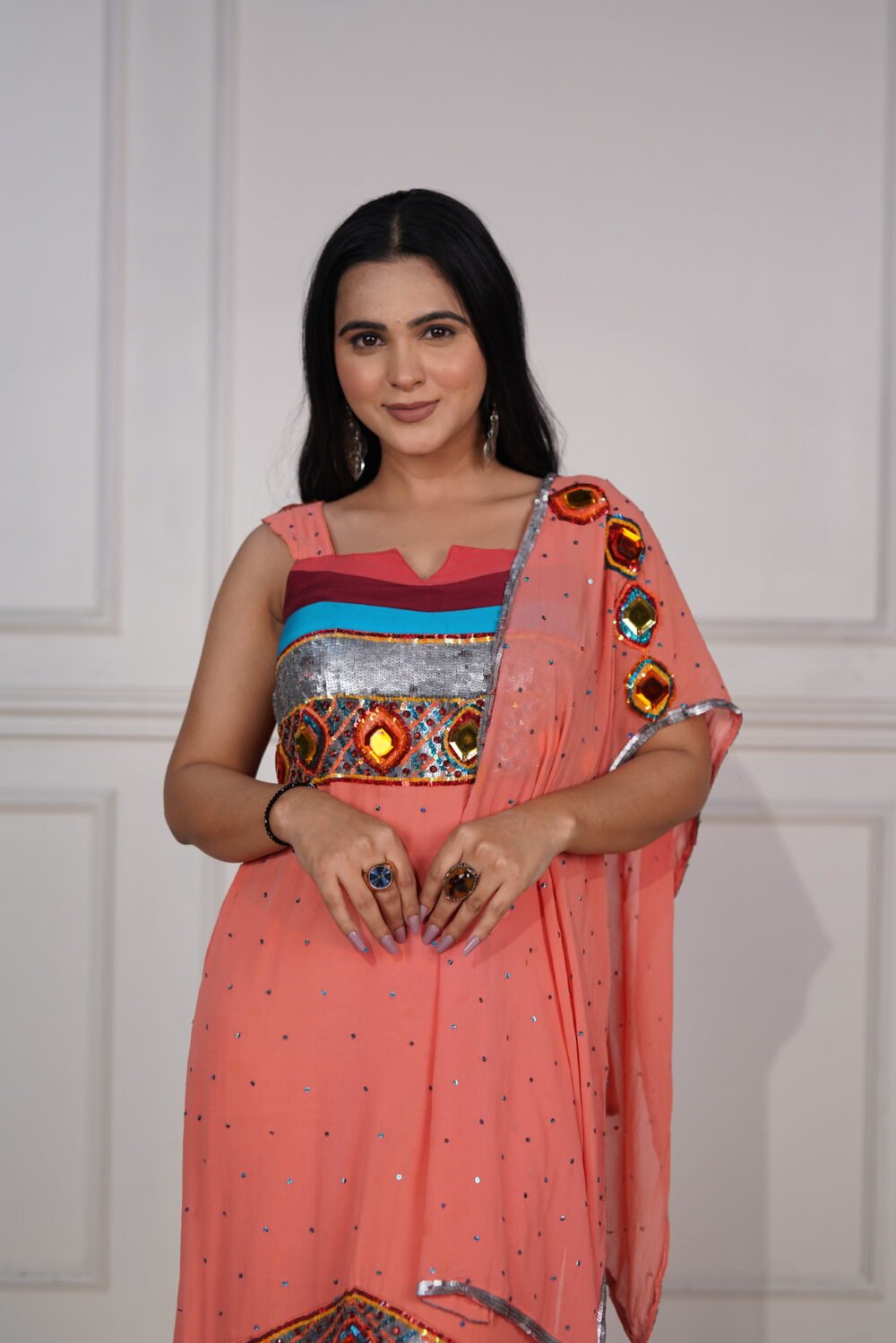 Peach Pure Crepe Short Kurta Pajami Suit With Sequin And Stone Handwork And Georgette Stole With Handwork